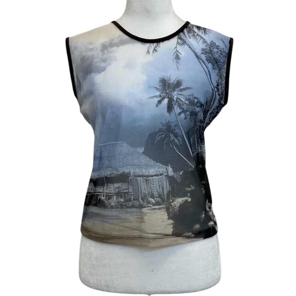 Aaron Chang Vintage 90s Tropical Beach Photograph Print Stretch Mesh Tank Top
